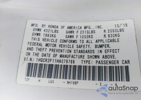 2017 Honda Accord Sport Se из США, поврежденный, VIN 1HGCR2F11HA079796